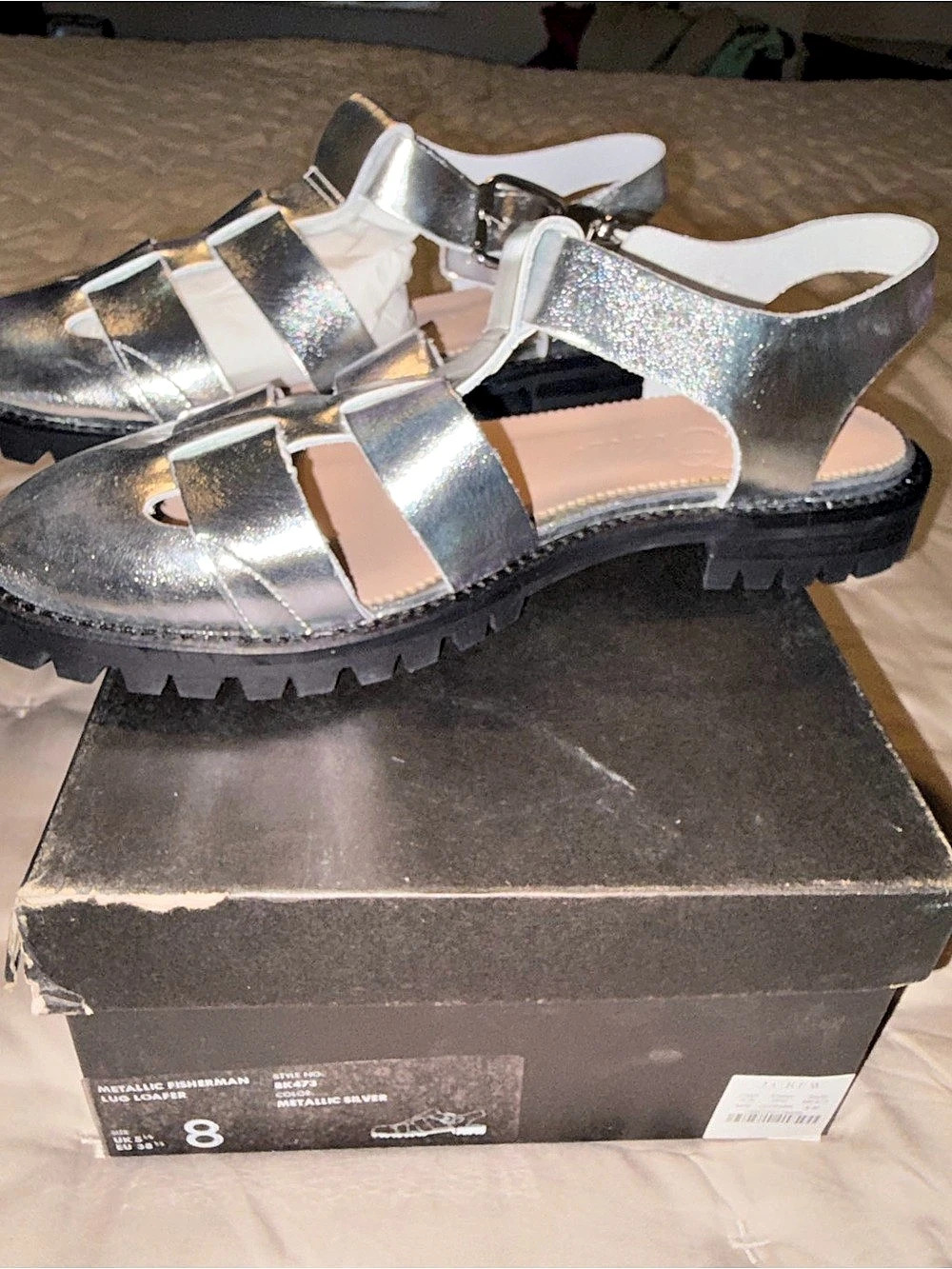 NIB J.Crew Metallic Fisherman Lug Loafer Fisherman Sandals in Silver US 8